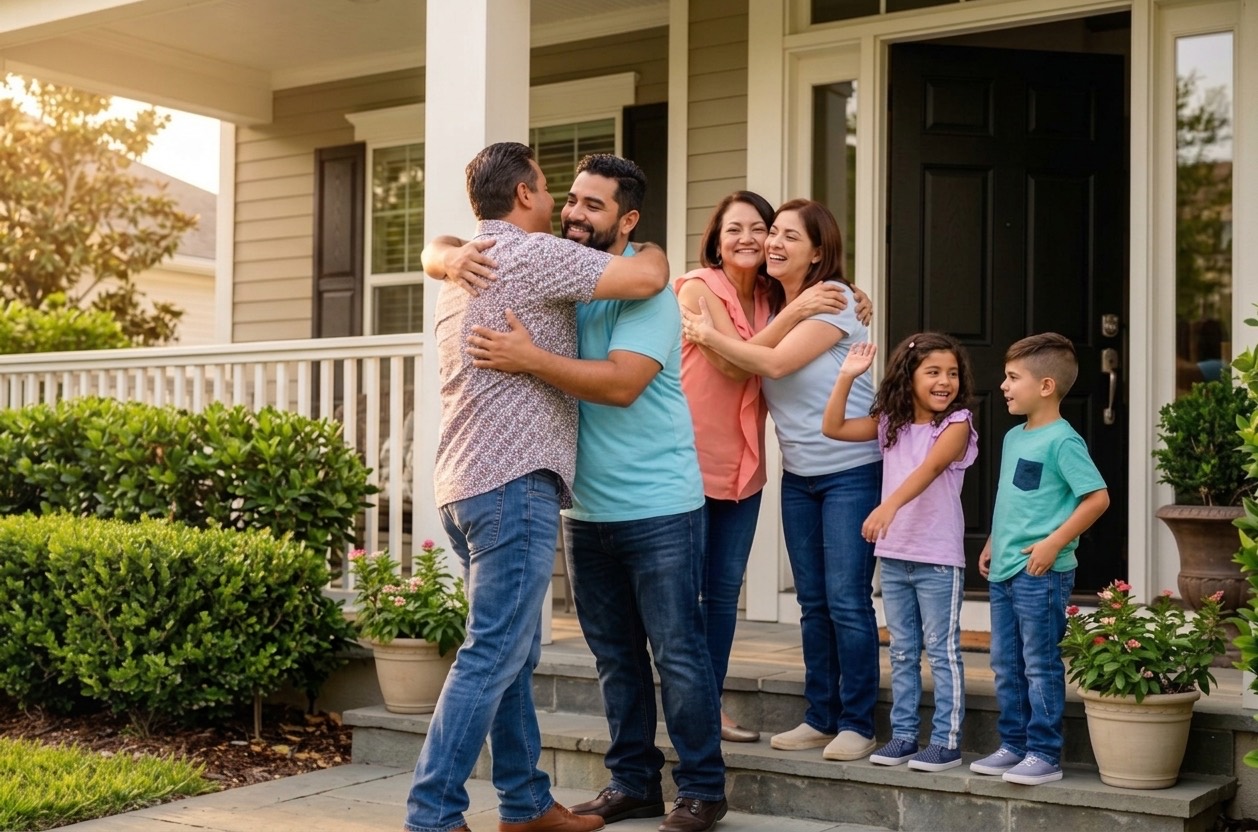 Two families greeting each other with hugs on the front steps of a home as one arrives for an exchange